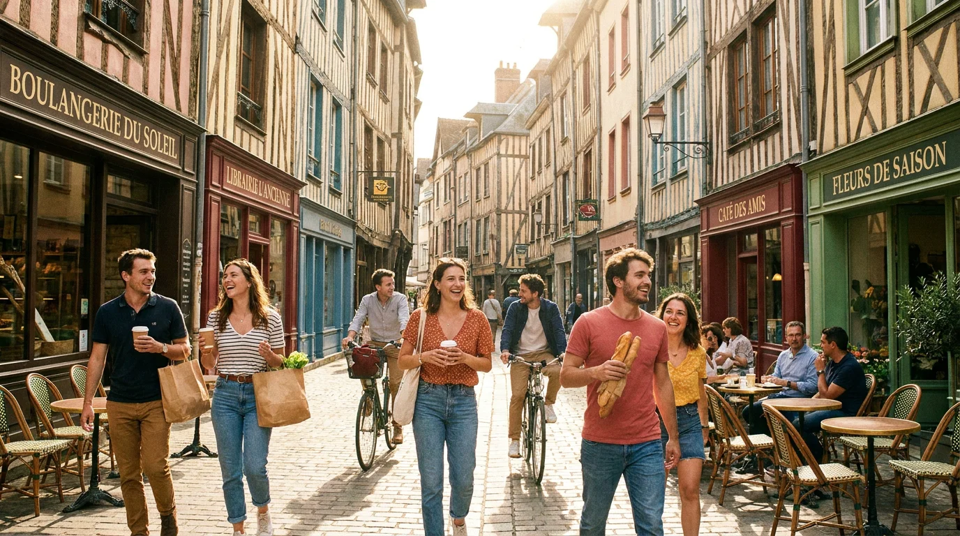 Rue piétonne à colombages de Troyes avec de jeunes étudiants