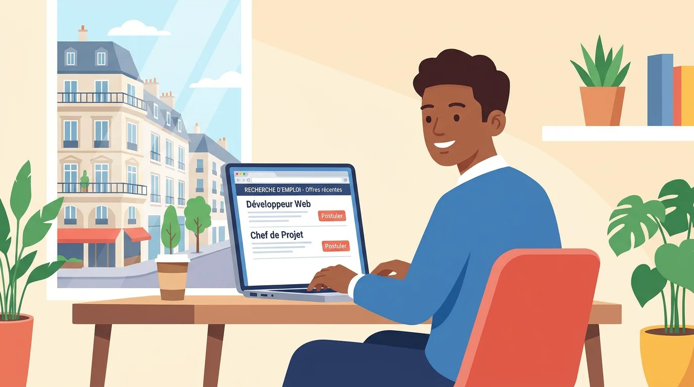 Étudiant recherchant des offres d'emploi en ligne sur un ordinateur portable