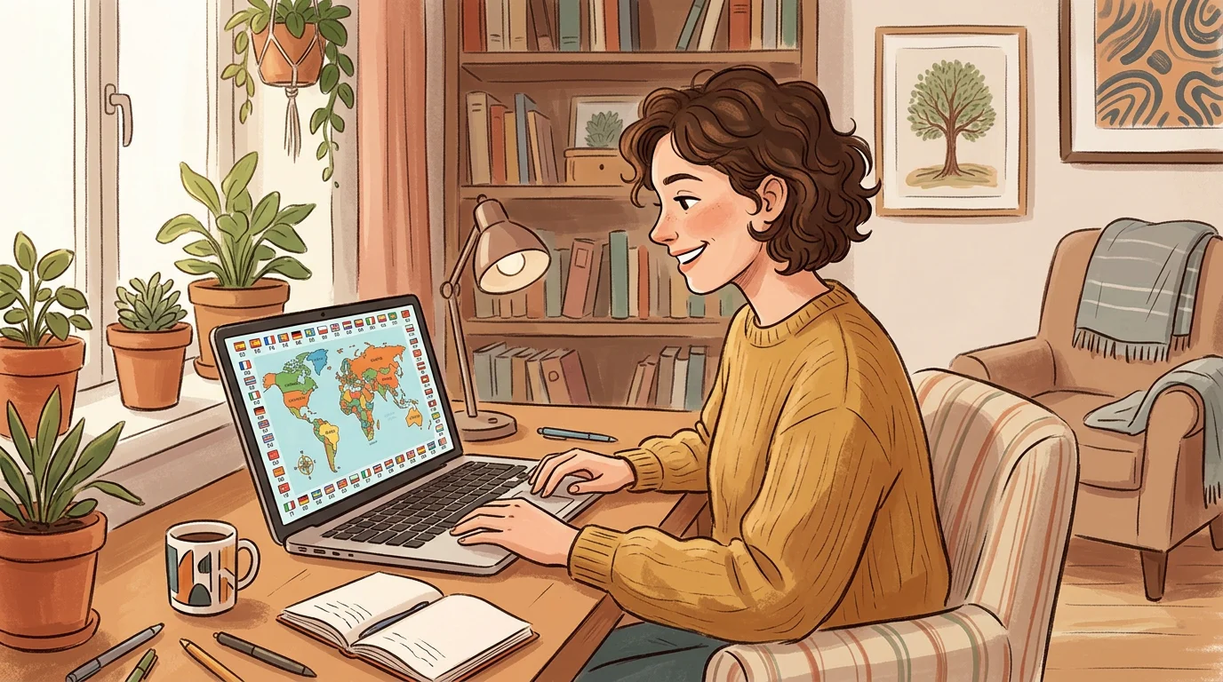 A person enjoying an online country guessing game on a laptop with a world map