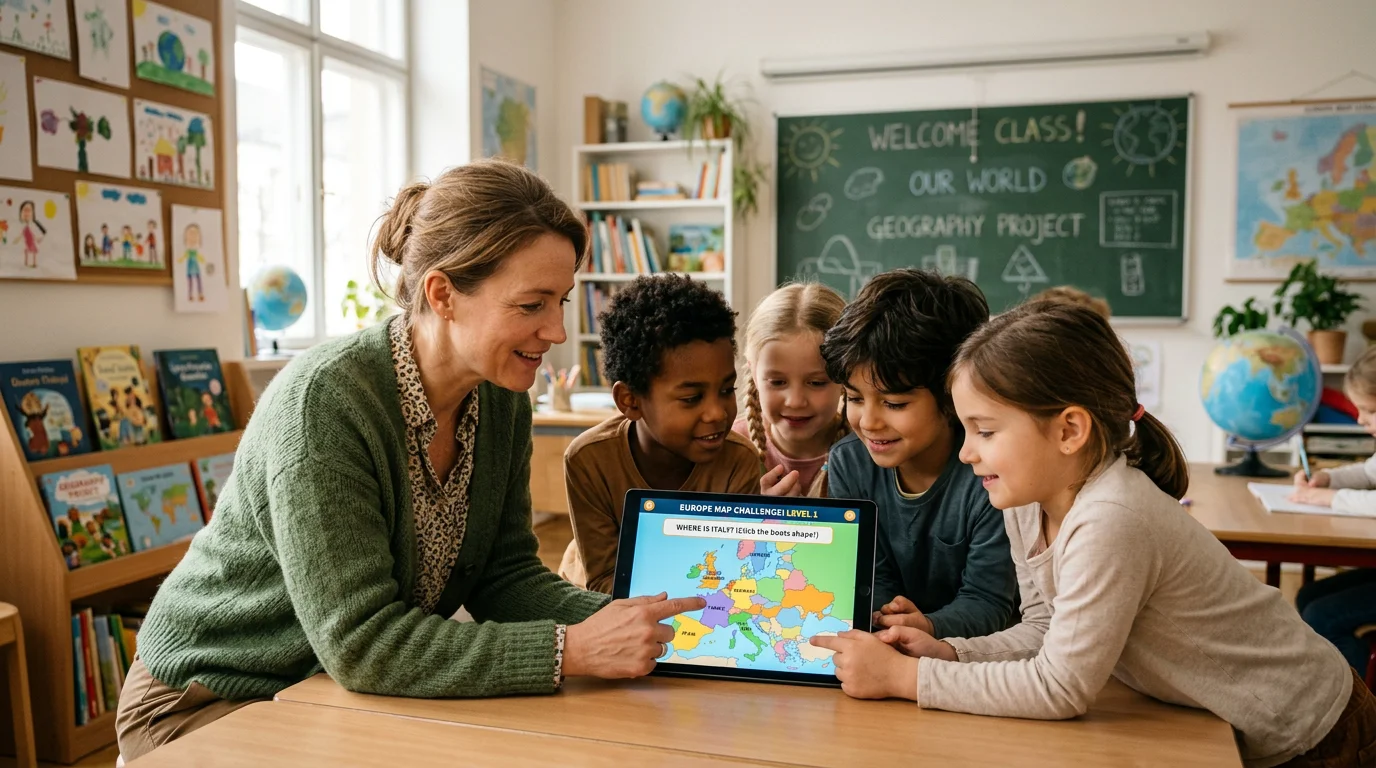 A teacher and students playing a geography map quiz together in a classroom