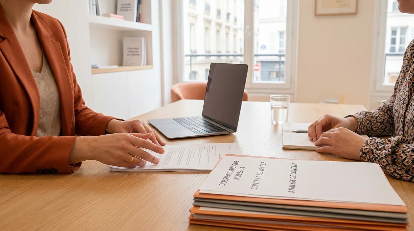 Échange entre une avocate et un client autour d'un dossier dans un bureau à Paris