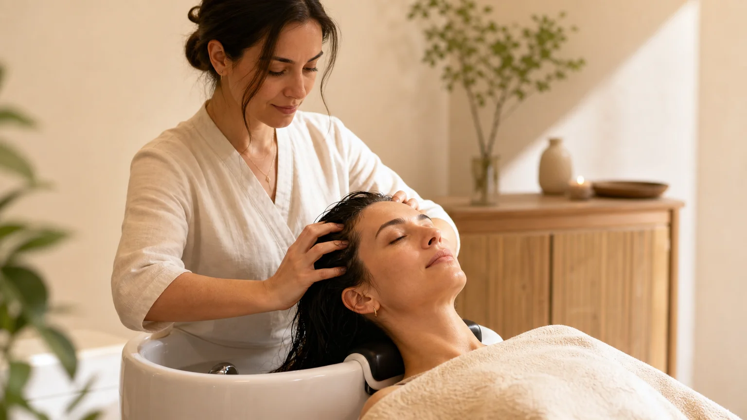 Rituel de Head Spa réalisé dans une cabine de bien-être lumineuse à Hyères