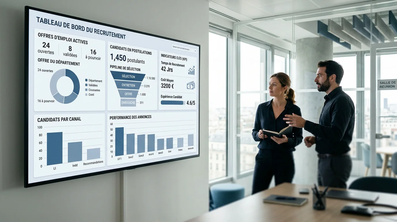 Tableau de bord d'un logiciel de recrutement affiché dans un bureau moderne