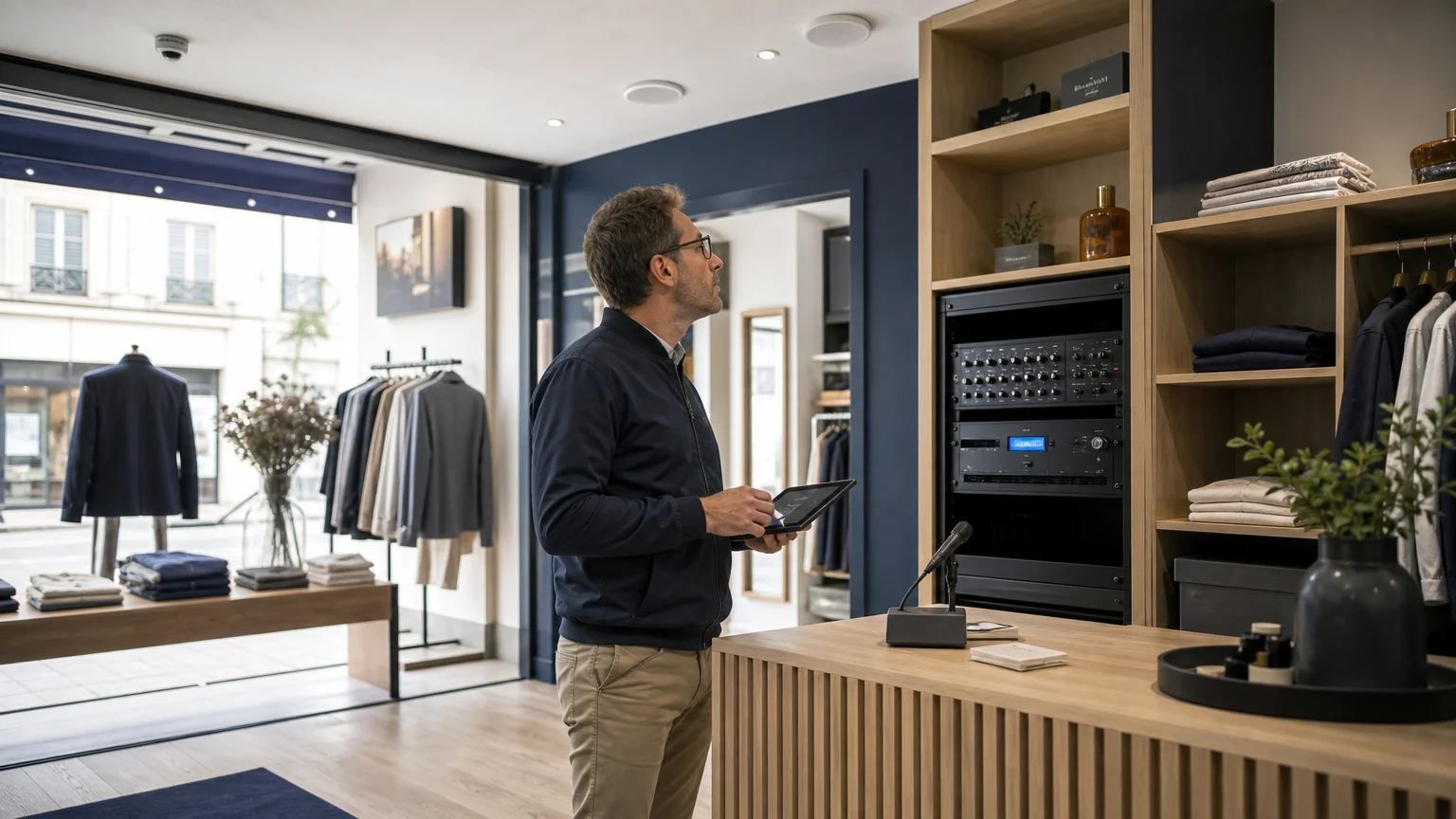 Installation professionnelle dans une boutique avec enceintes de plafond et rack audio