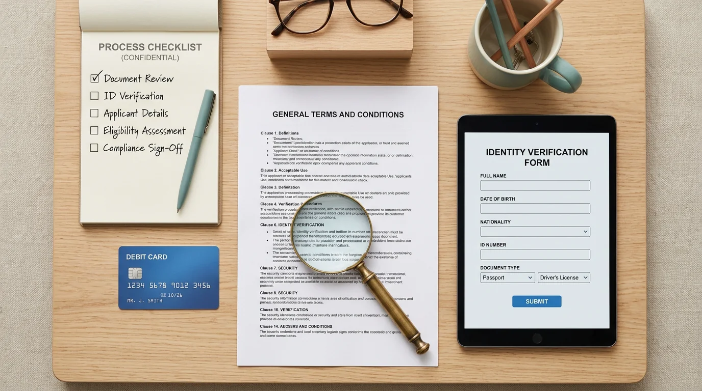 Flat lay of documents used to verify a casino account and check bonus terms