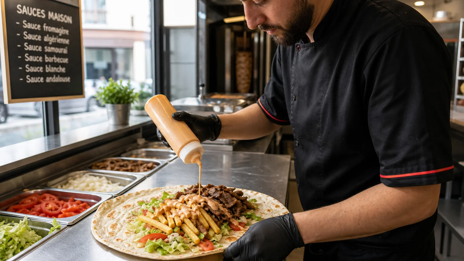 Préparation artisanale d’un tacos français avec ingrédients frais