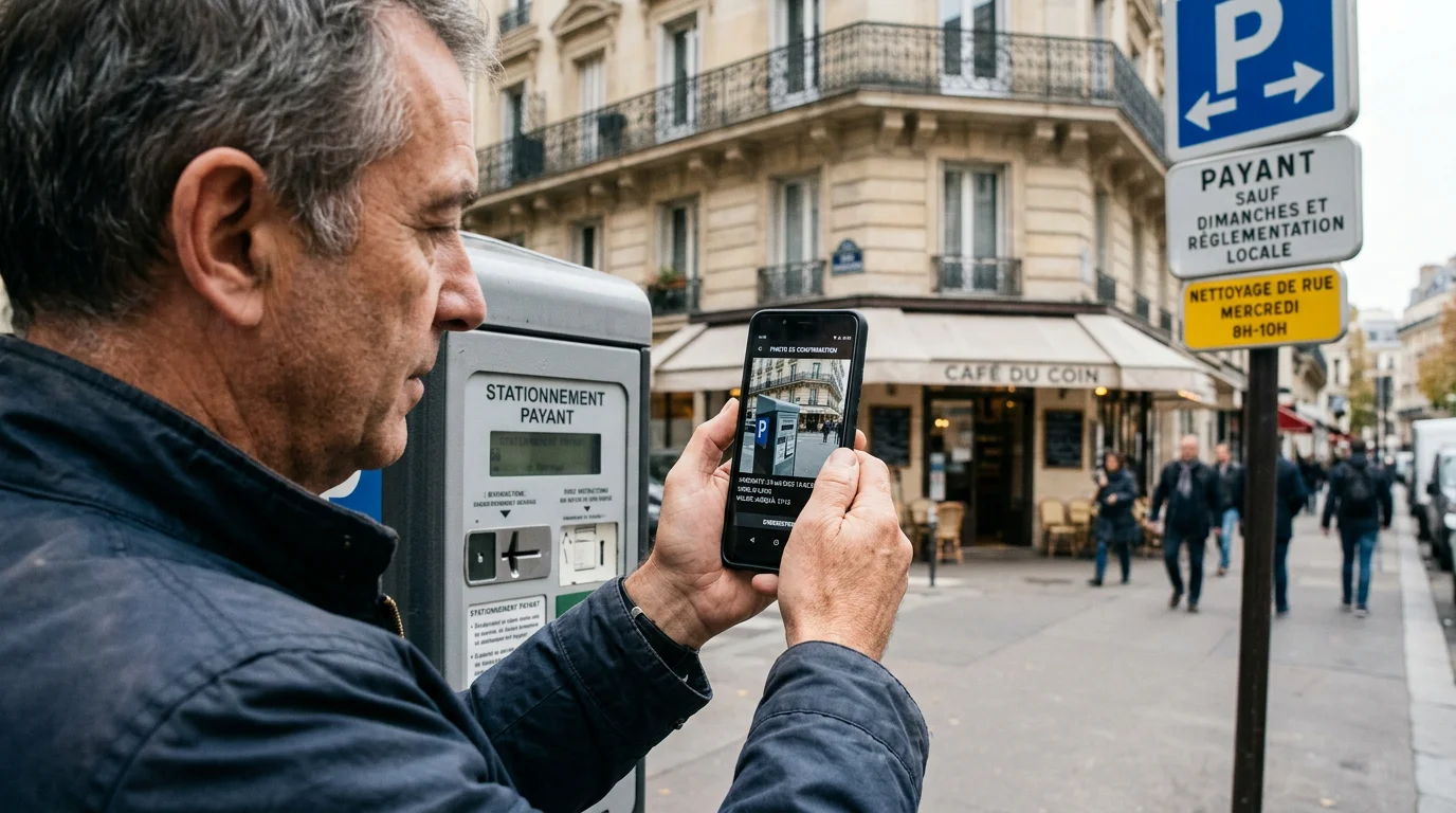 Preuve de stationnement horodatée prise avec un smartphone en rue
