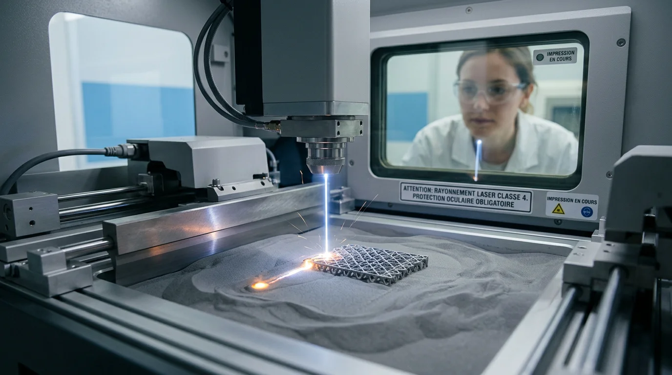 Machine de fusion laser sur lit de poudre imprimant du titane sous la surveillance d'un technicien