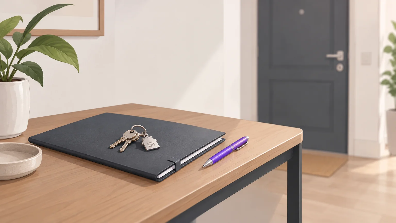 Clés et dossier locatif dans une entrée d’appartement