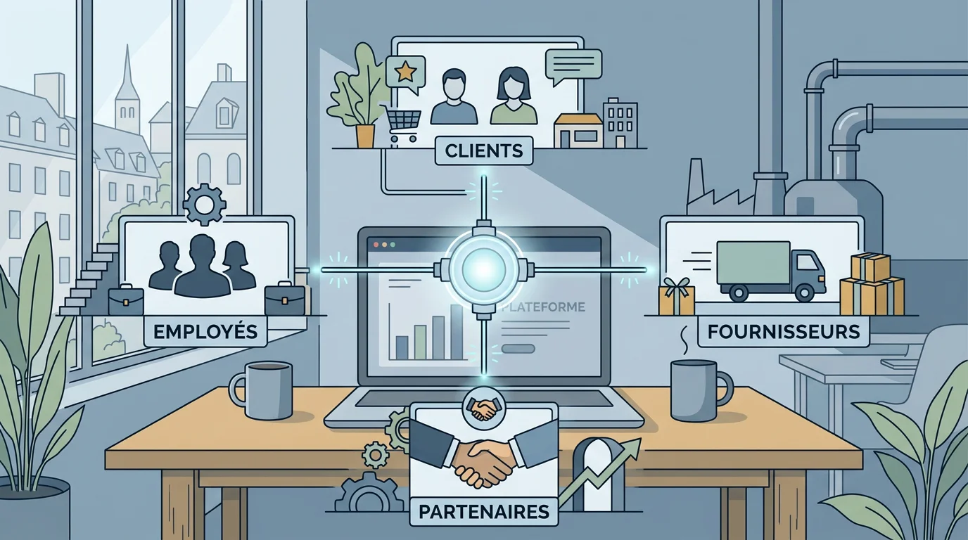 Schéma illustrant la gestion de la relation étendue reliant clients, fournisseurs et collaborateurs