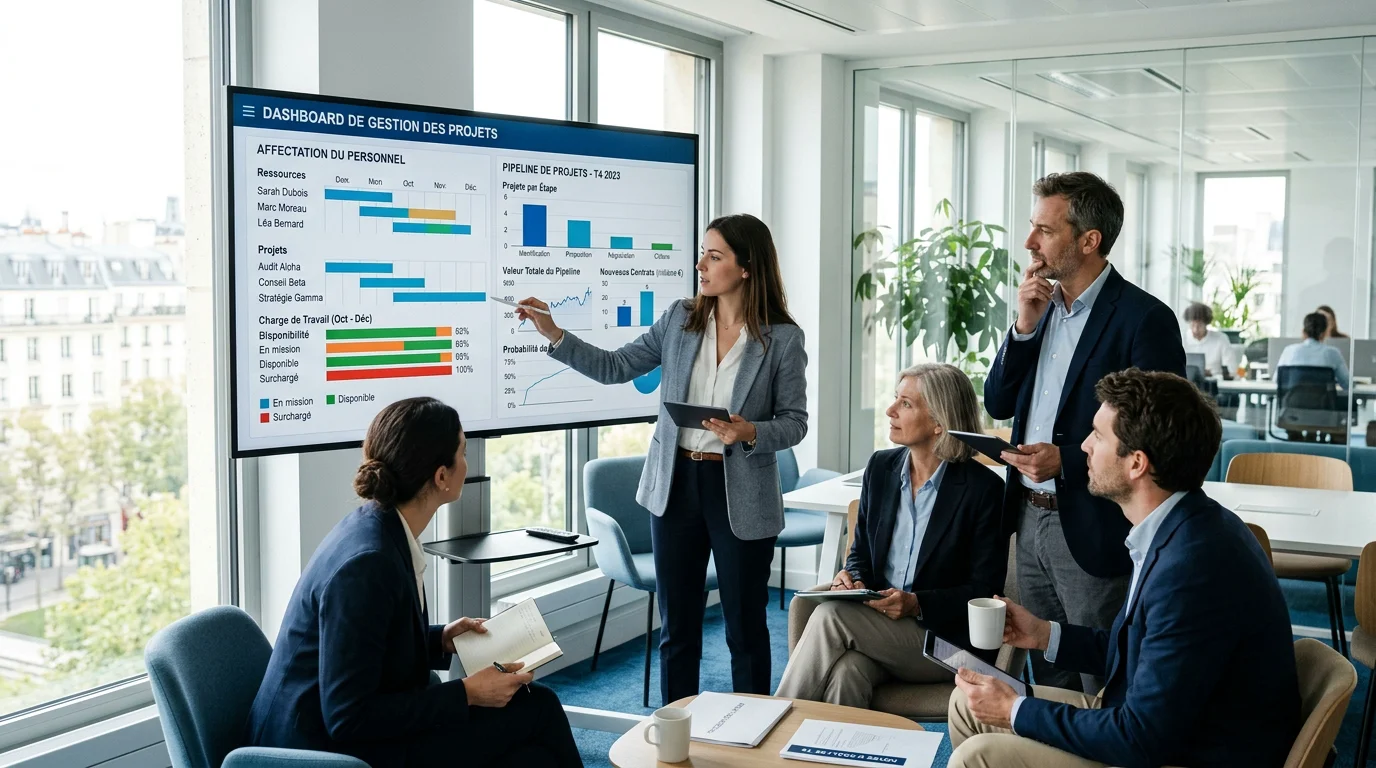 Consultants d'une ESN analysant leur pilotage commercial et de missions sur un tableau de bord