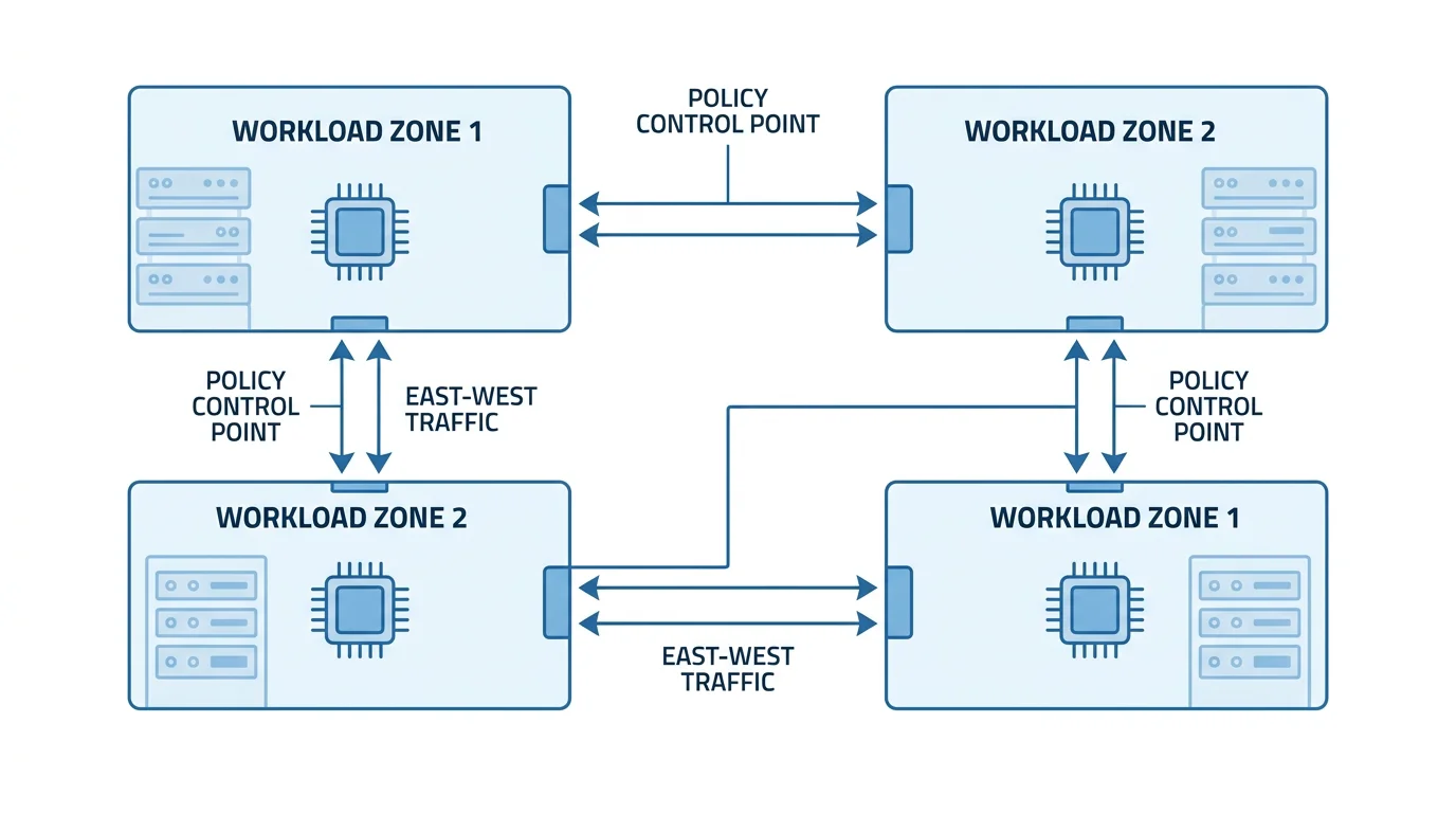 Diagram of a network divided into isolated workload segments with controlled data flows