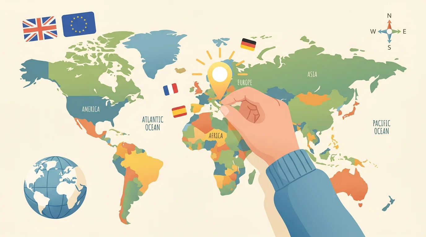 Illustration of a world map with pins and geography icons