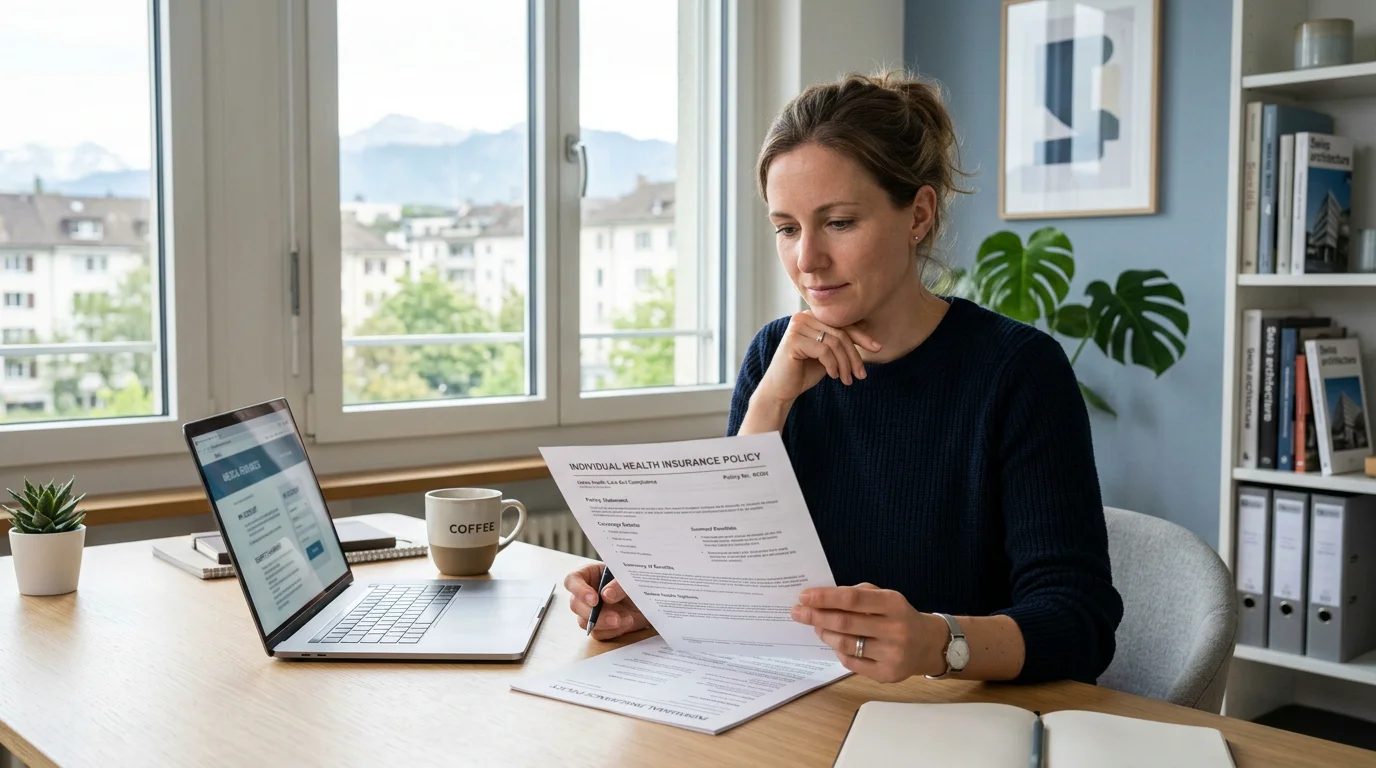 Person reviewing a Swiss health insurance policy at a desk