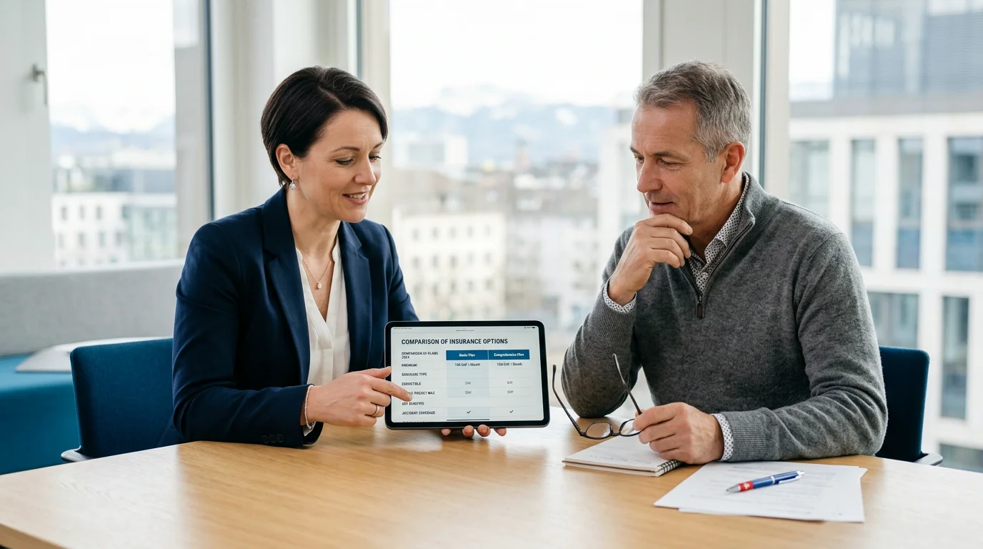 Advisor comparing insurance options with a client on a tablet