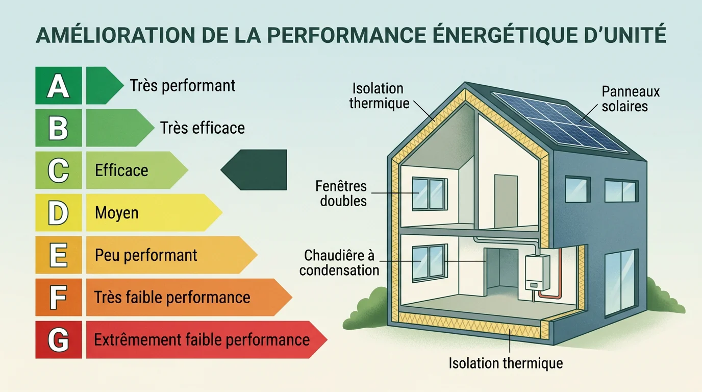Illustration d'une étiquette énergie DPE de A à G à côté d'une coupe de maison