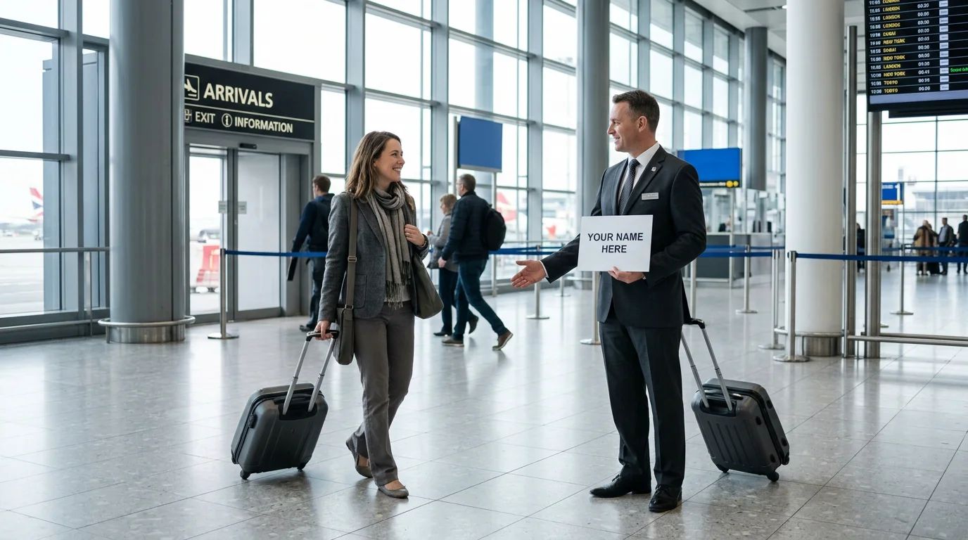 Chauffeur greeting a traveller with a name sign in an airport arrivals hall
