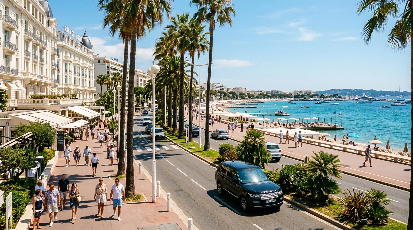 Coastal road arriving into Cannes along the Mediterranean seafront