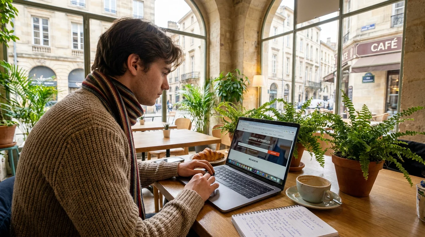 Étudiant recherchant un emploi sur son ordinateur dans un café bordelais