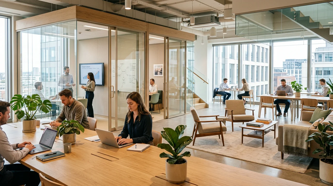 Modern coworking floor with shared desks and glass meeting rooms
