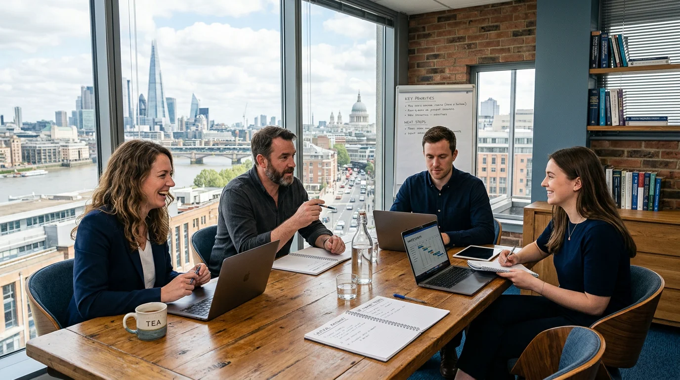 Small team collaborating in a private office with a city view