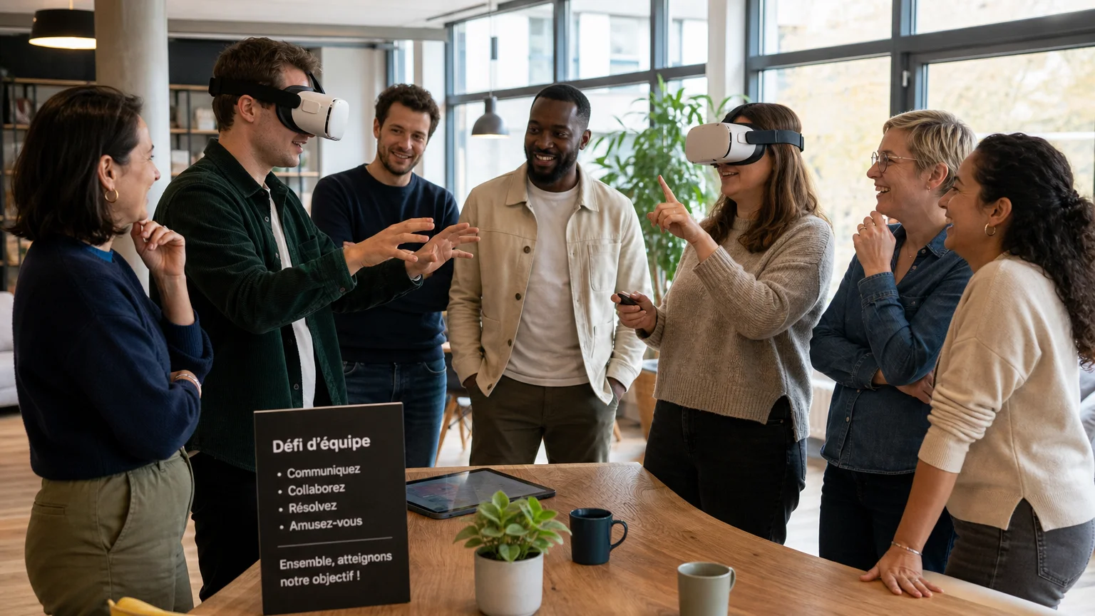 Équipe réunie autour d’une activité collaborative de réalité virtuelle