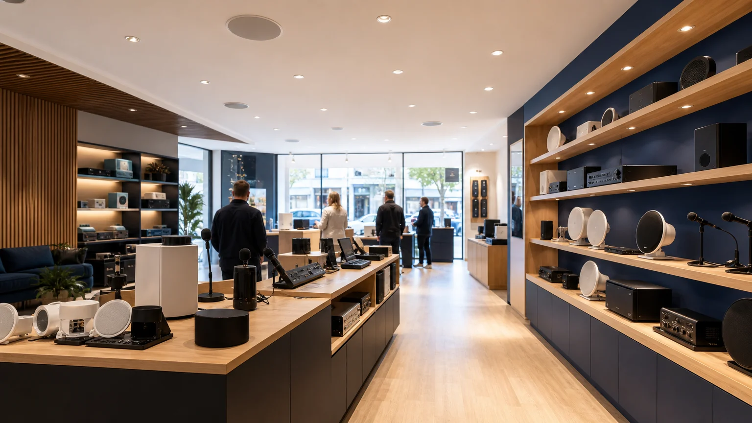 Boutique française avec enceintes discrètes et ambiance sonore cohérente