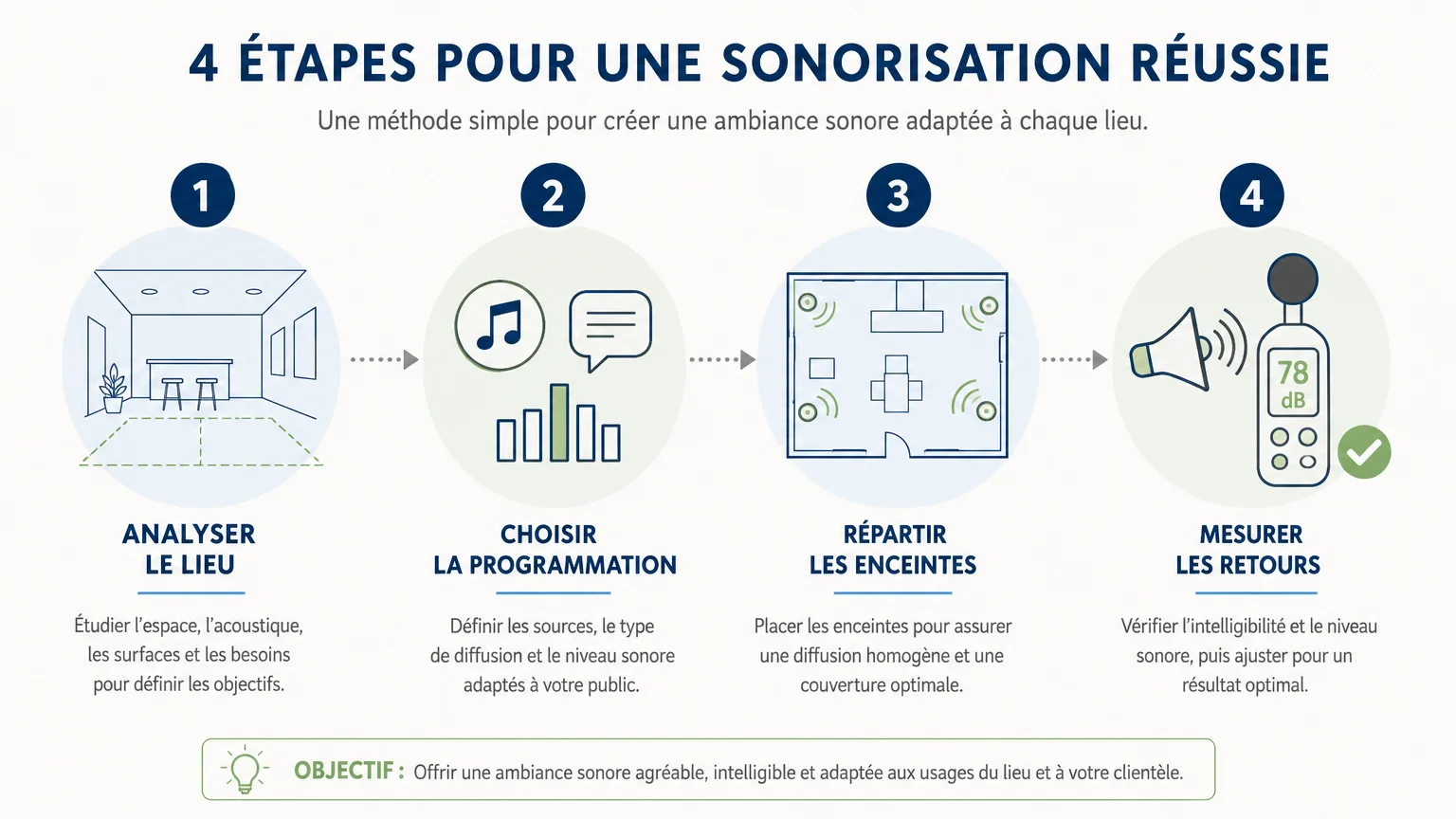 Infographie des étapes pour réussir une ambiance sonore en commerce
