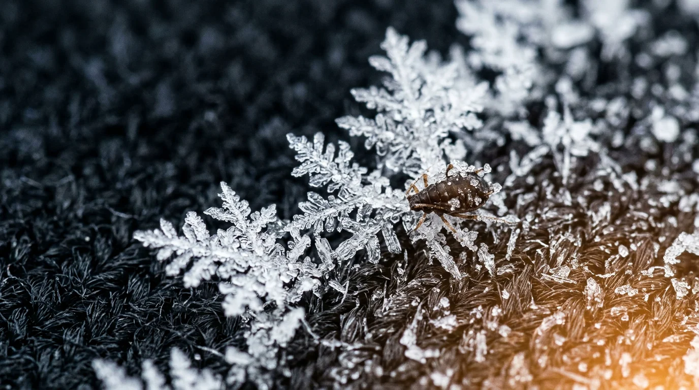 Givre se formant sur un textile illustrant le traitement des punaises de lit par le froid