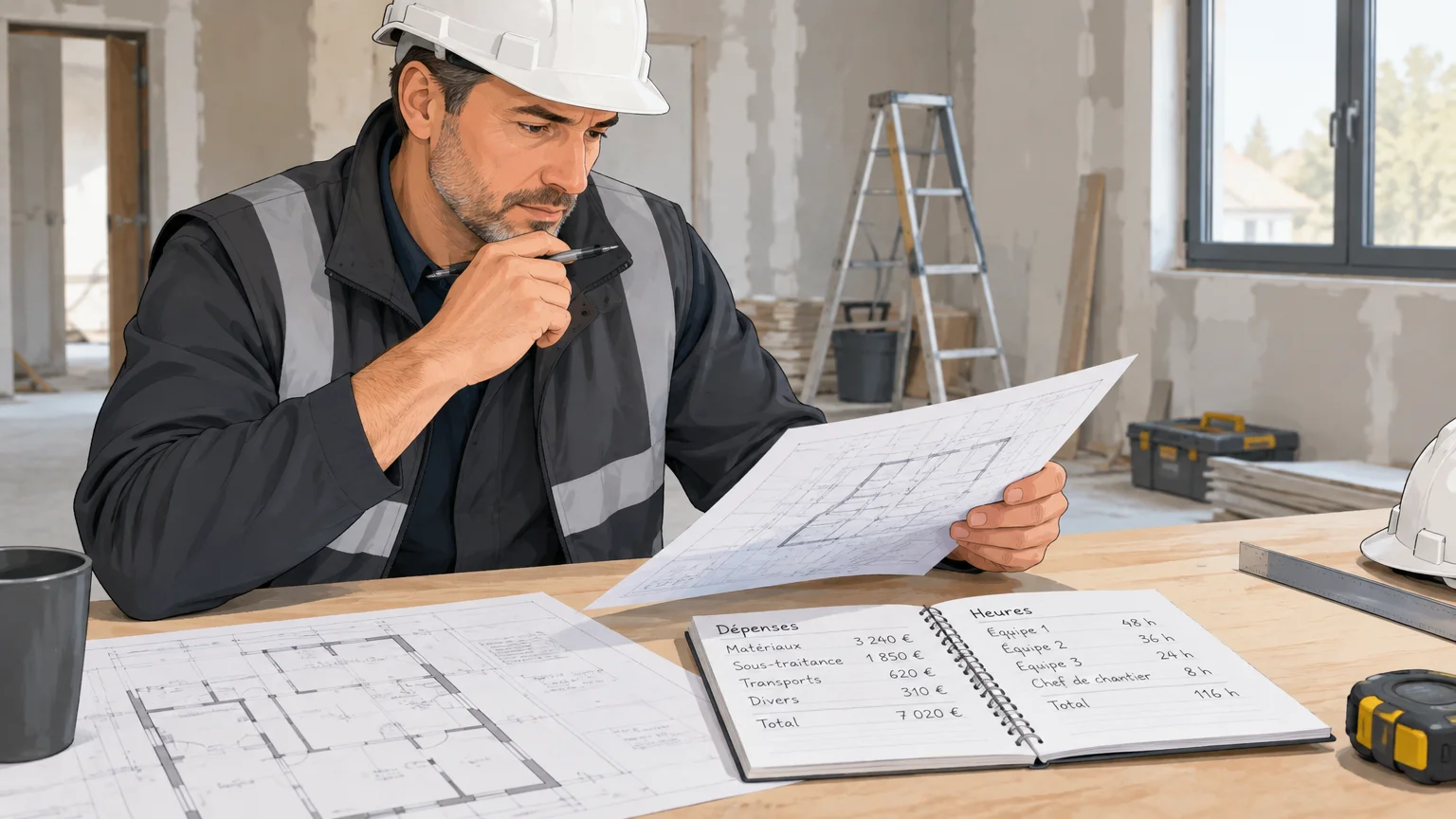 Dirigeant du bâtiment comparant le budget prévu et les coûts d’un chantier
