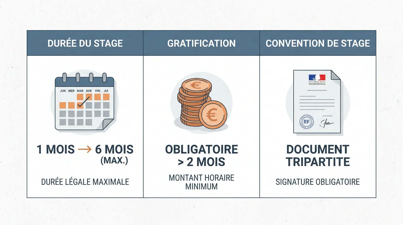 Infographie sur la durée, la gratification et la convention du stage ouvrier en France