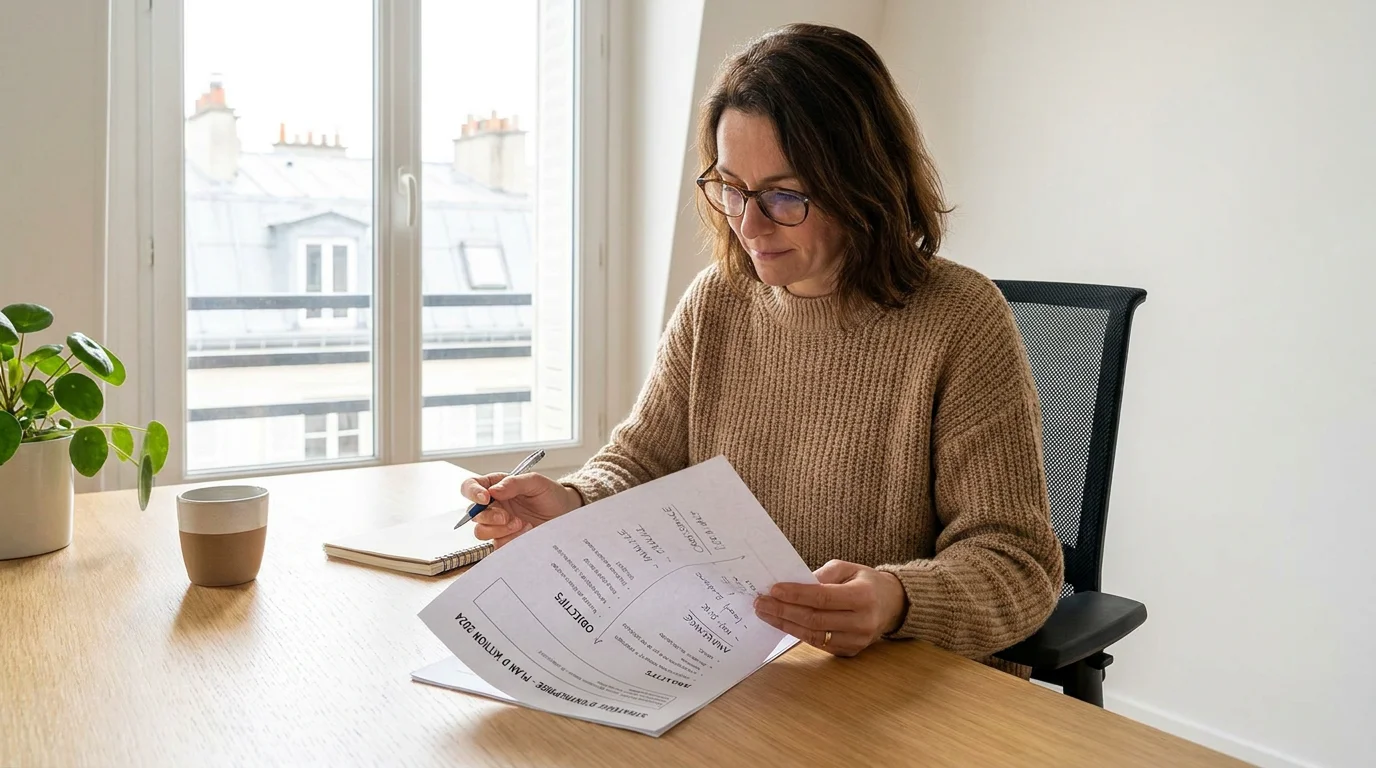 Thérapeute holistique analysant un plan stratégique pour structurer son activité