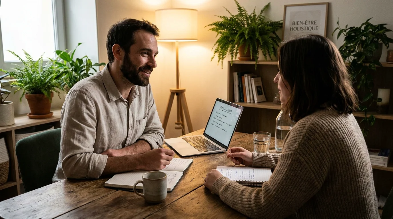 Séance de coaching entre un thérapeute holistique et un consultant en stratégie
