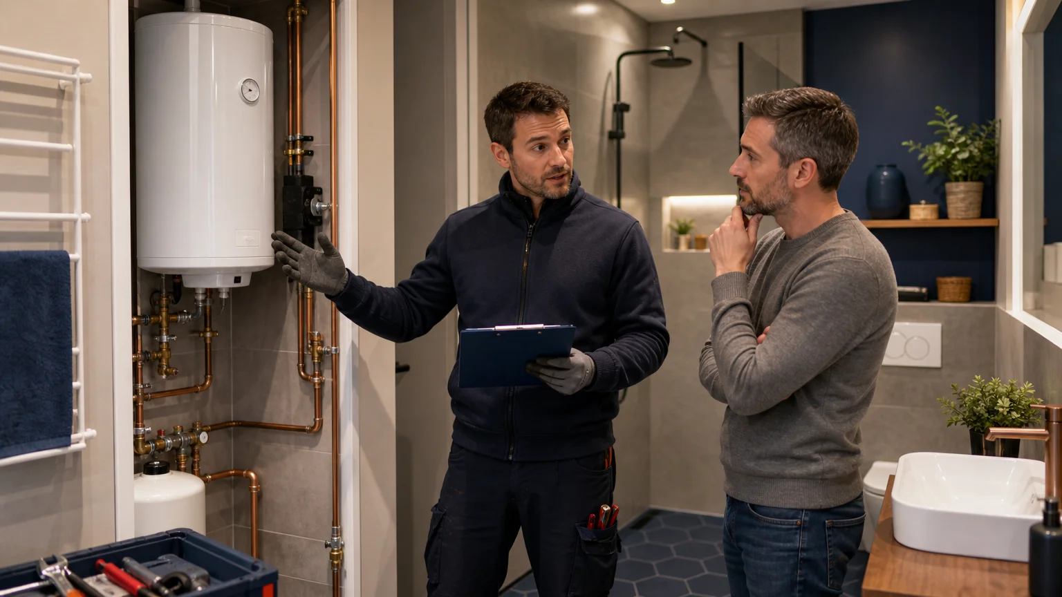 Technicien expliquant un diagnostic de plomberie et de chauffage à un propriétaire