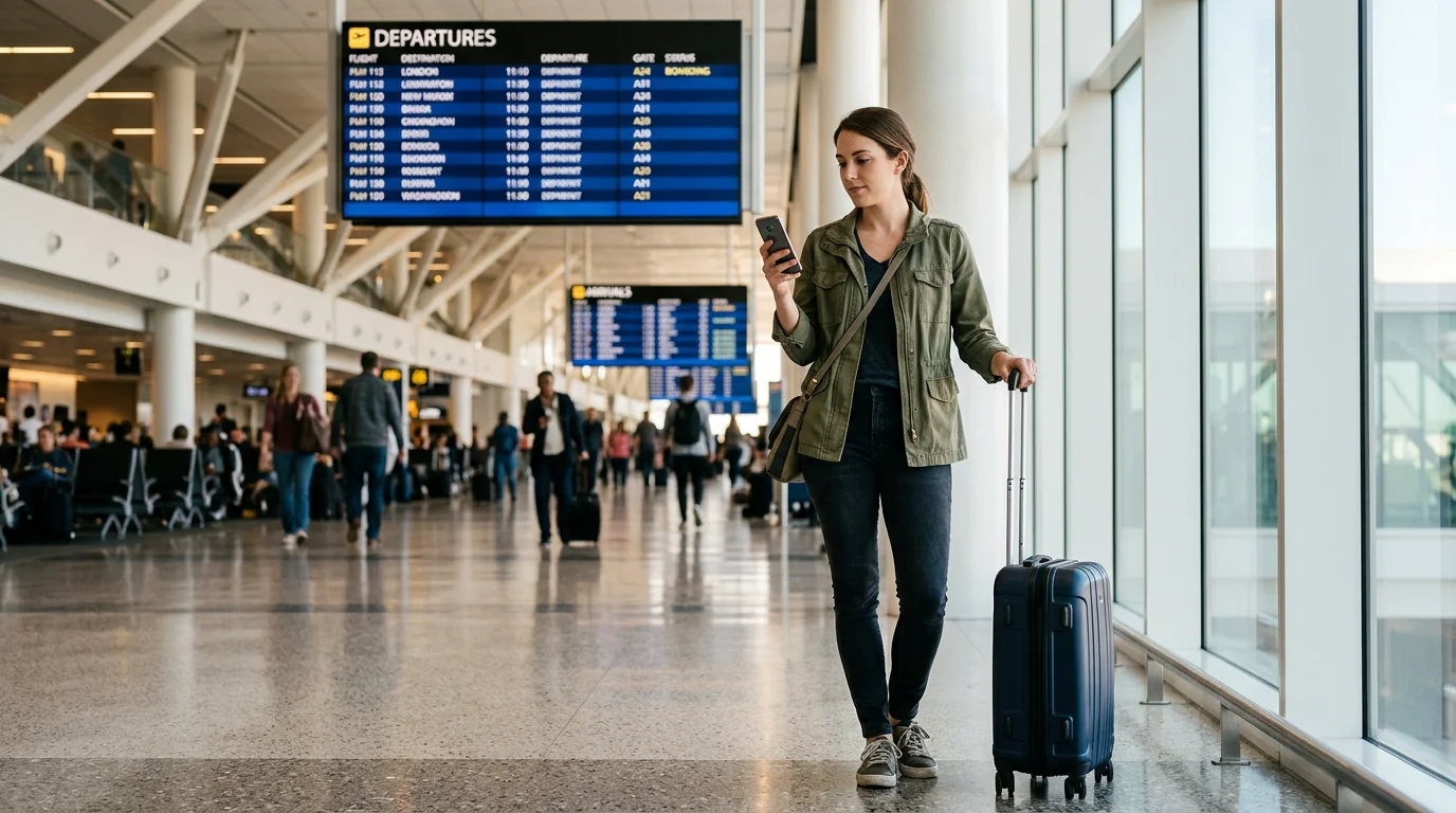 Traveler checking mobile data connection on a smartphone inside an airport terminal
