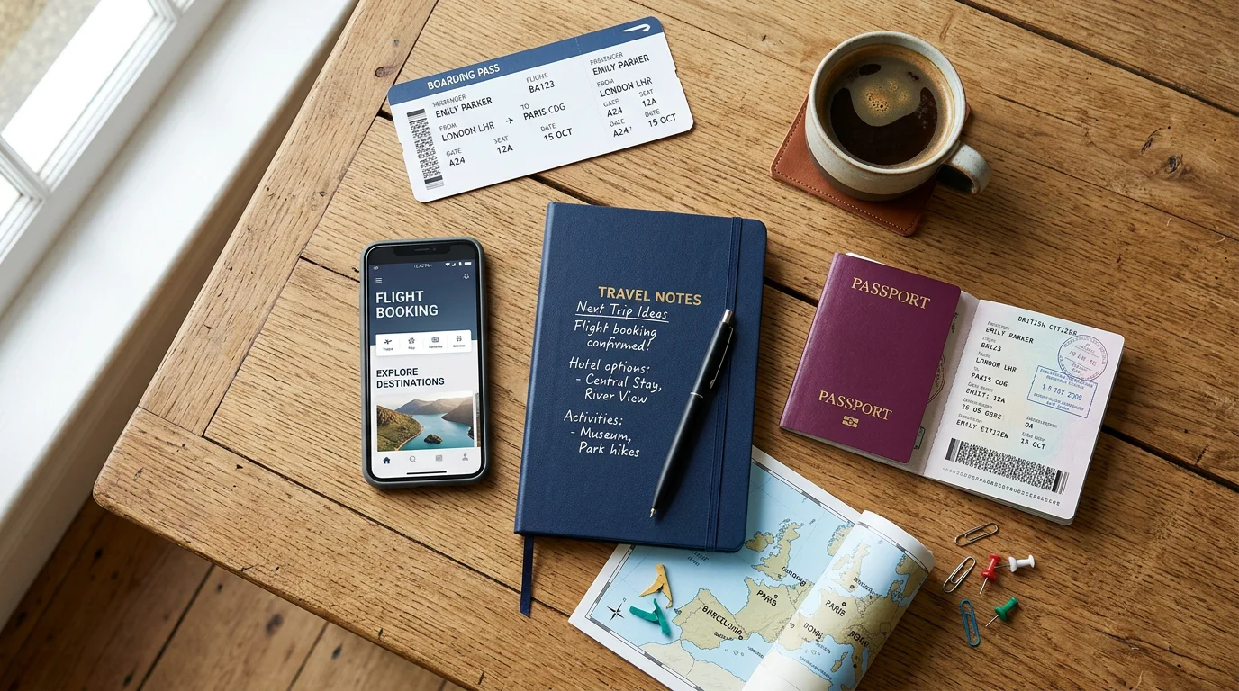 Trip planning flat lay with smartphone, passport, and travel documents on a table