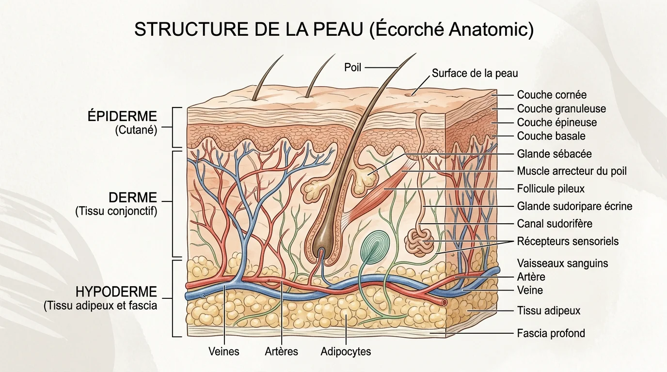 Schéma en coupe des trois couches de la peau pour le massage