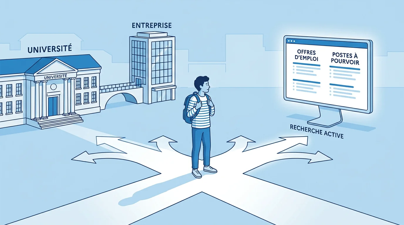 Illustration comparant le chemin partenariat écoles-entreprises et l'agrégation d'annonces pour un étudiant en France