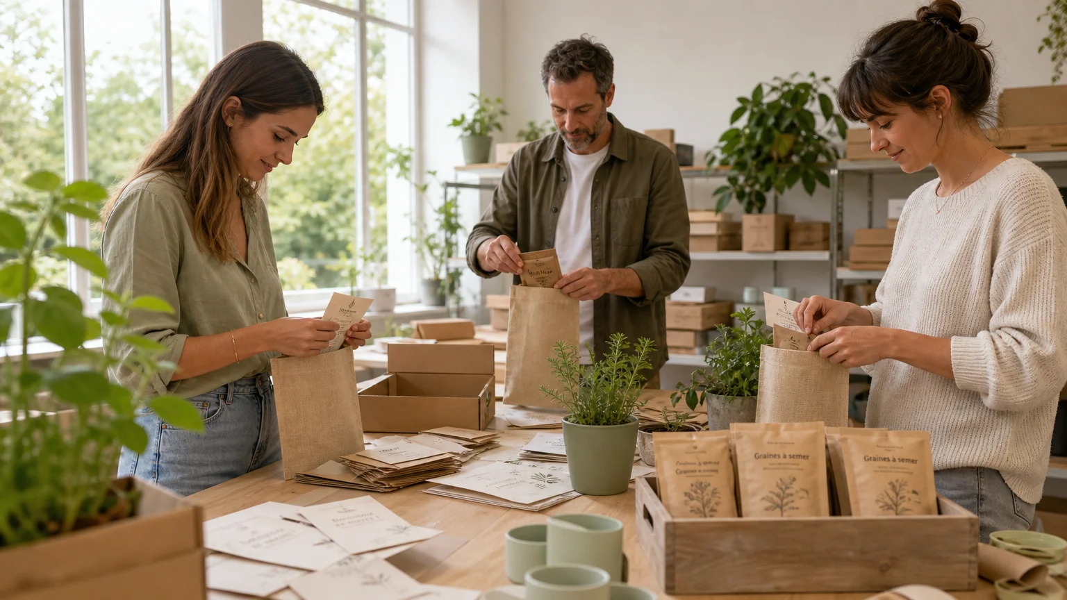Professionnels européens préparant des sachets de graines pour un événement