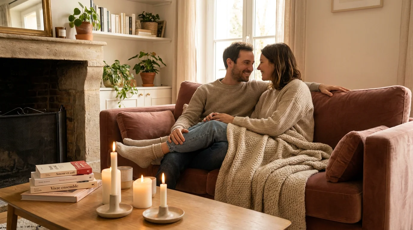 Couple fusionnel se blottissant sur un canapé dans un salon chaleureux éclairé à la bougie