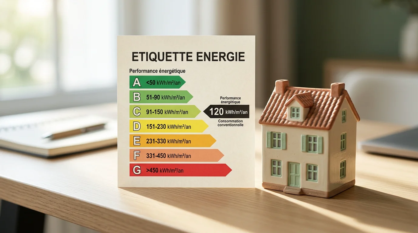 Étiquette de performance énergétique du DPE à côté d'une maquette de maison