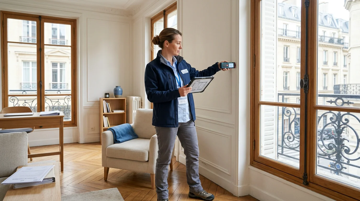 Diagnostiqueur immobilier certifié réalisant des mesures dans un logement