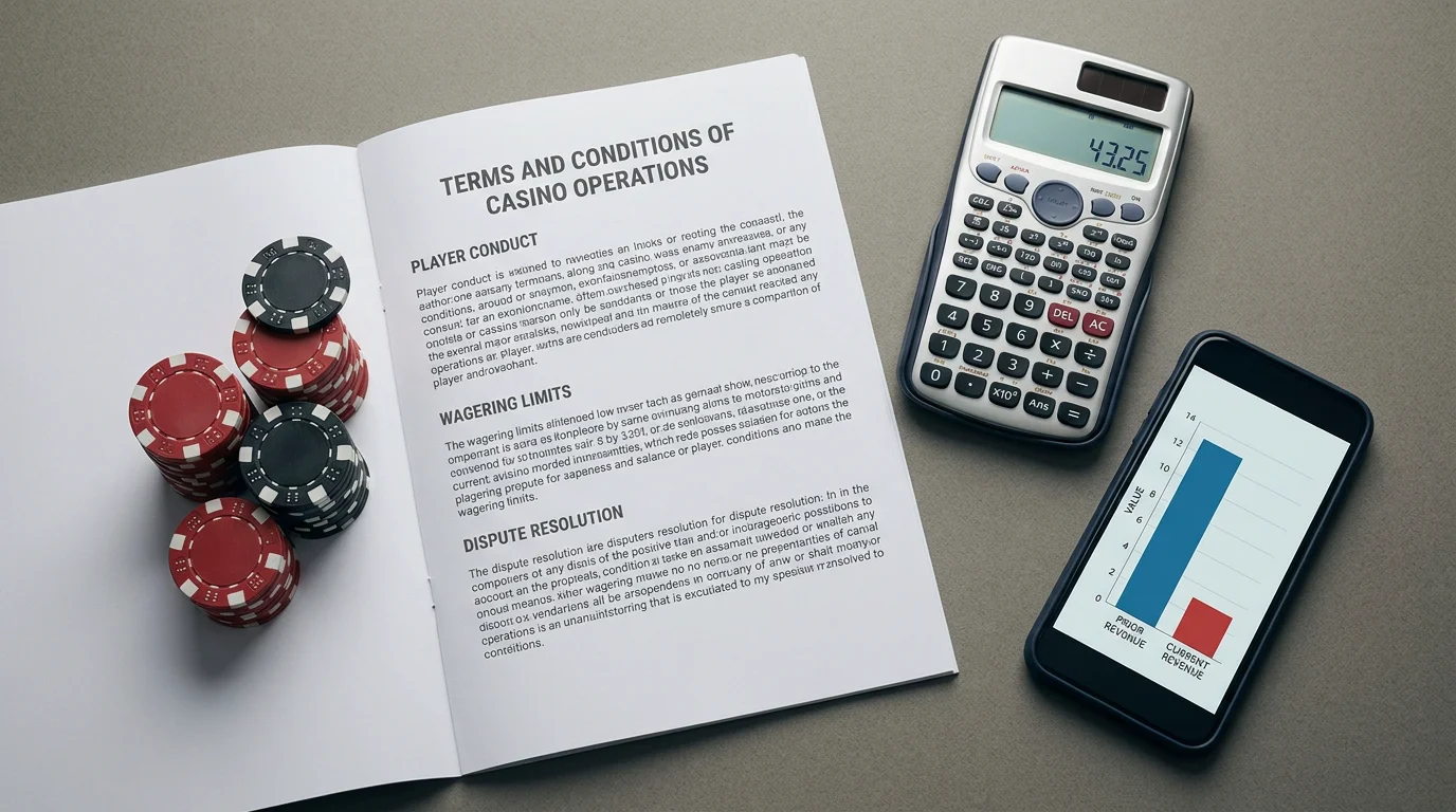 Casino chips next to a bonus terms document and a chart comparing old and new wagering values