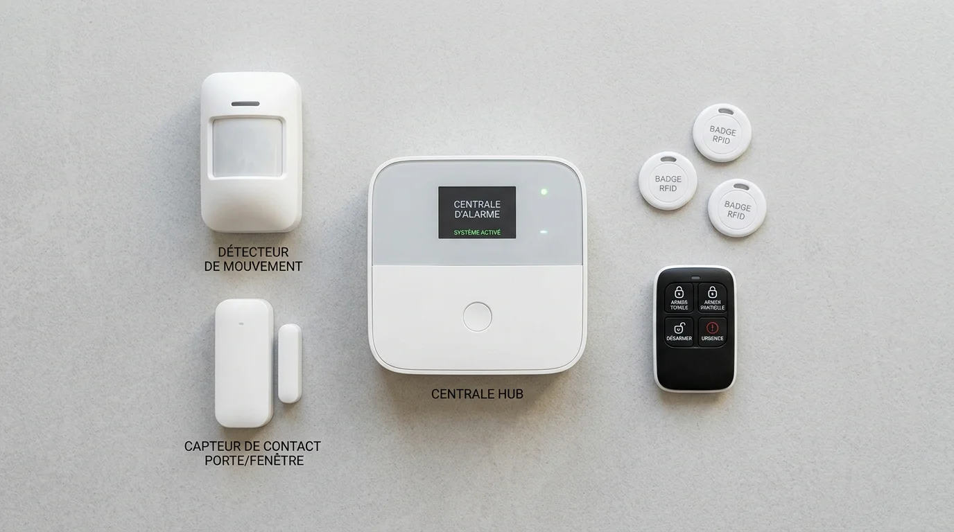 Composants d'un kit d'alarme sans fil disposés à plat