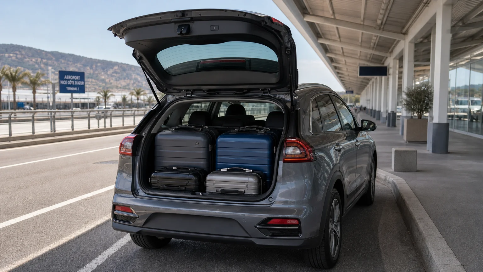 Two large suitcases and two cabin bags in an open electric crossover trunk