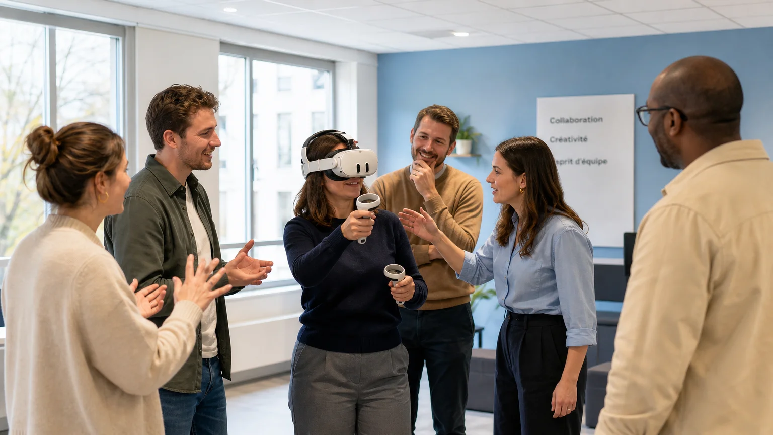 Équipe en entreprise participant à une activité de réalité virtuelle collaborative