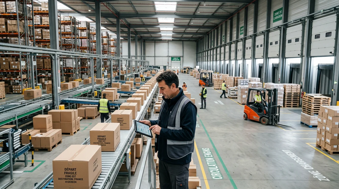 Responsable logistique dans un entrepôt suivant les flux de livraison sur tablette