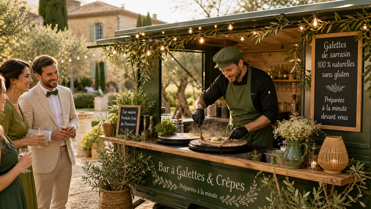 Bar à crêpes mobile préparant des galettes en direct lors d'un mariage dans un domaine du Luberon