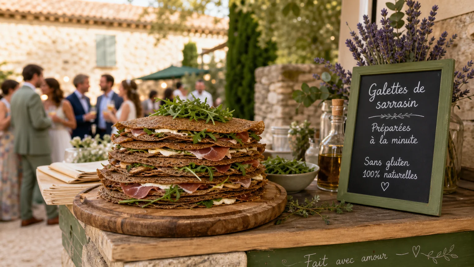 Galettes de sarrasin sans gluten garnies servies lors d'un mariage provençal