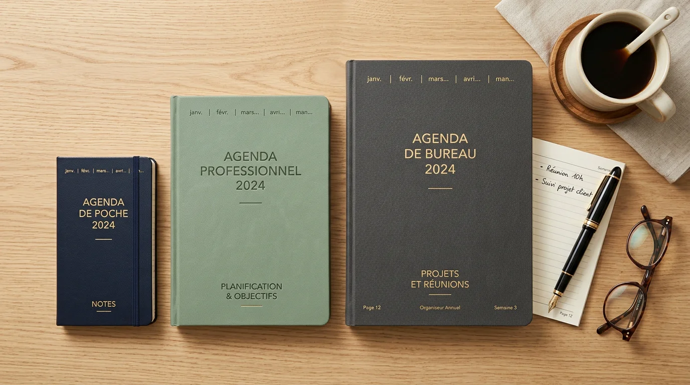 Trois agendas publicitaires de formats différents posés sur un bureau en bois clair